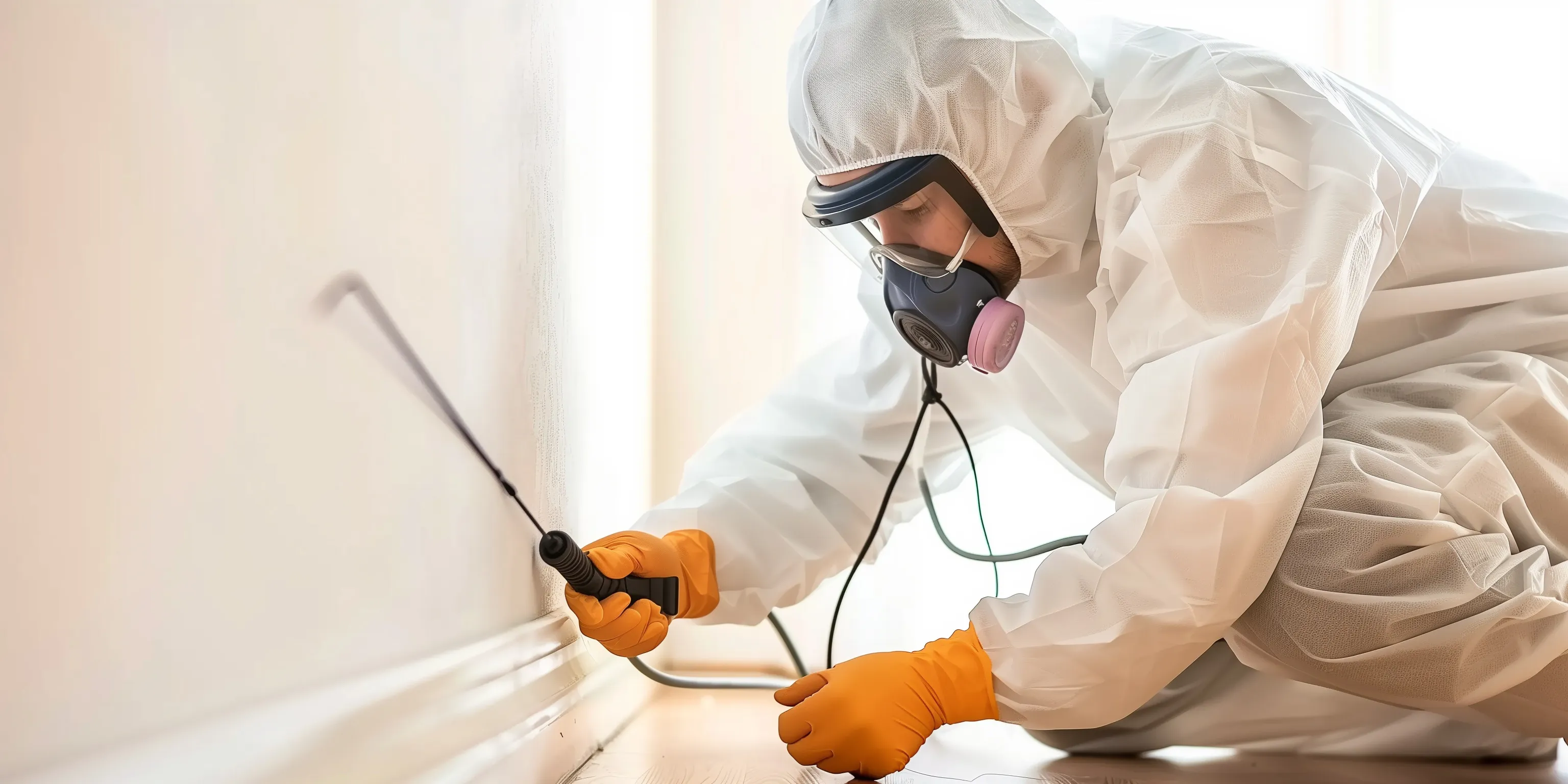 Intervenant en combinaison de protection désinfectant le long d'une plinthe
