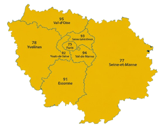 Carte des départements d'Île-de-France desservis par Ikedio