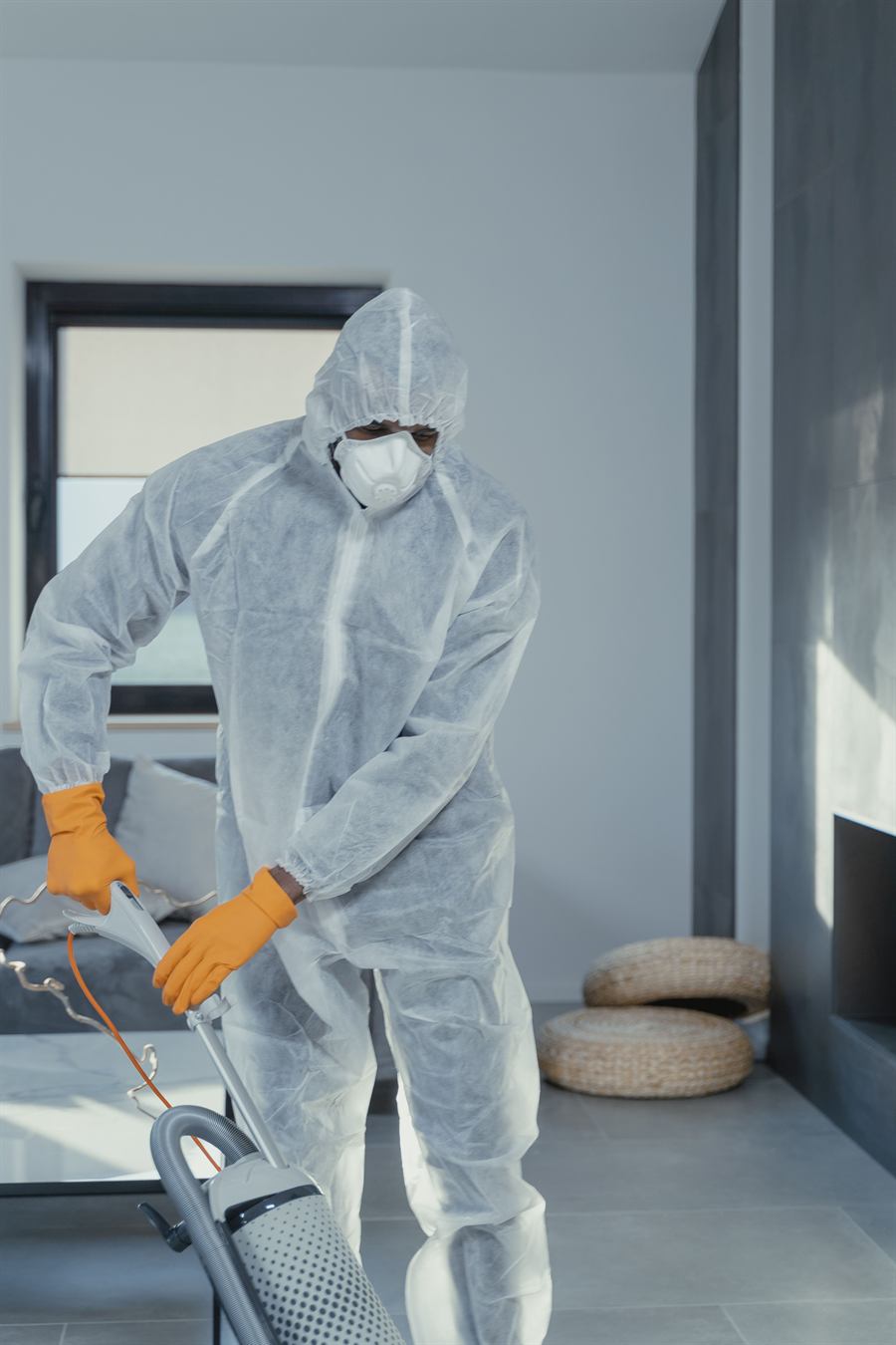 Intervenant en combinaison de protection nettoyant un logement